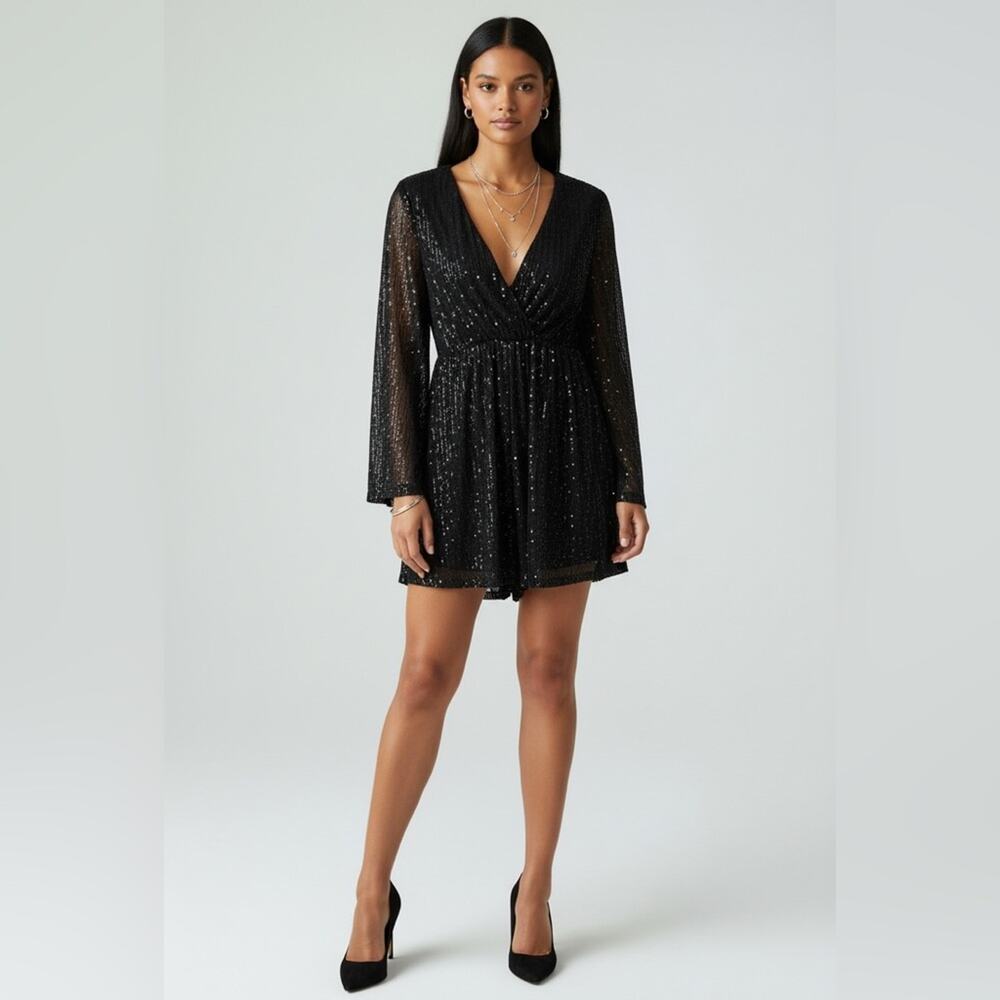 ✨D&M Black Sequin Long Sleeve V-Neck Romper Sparkly Chic Black Sequin Mini Dress